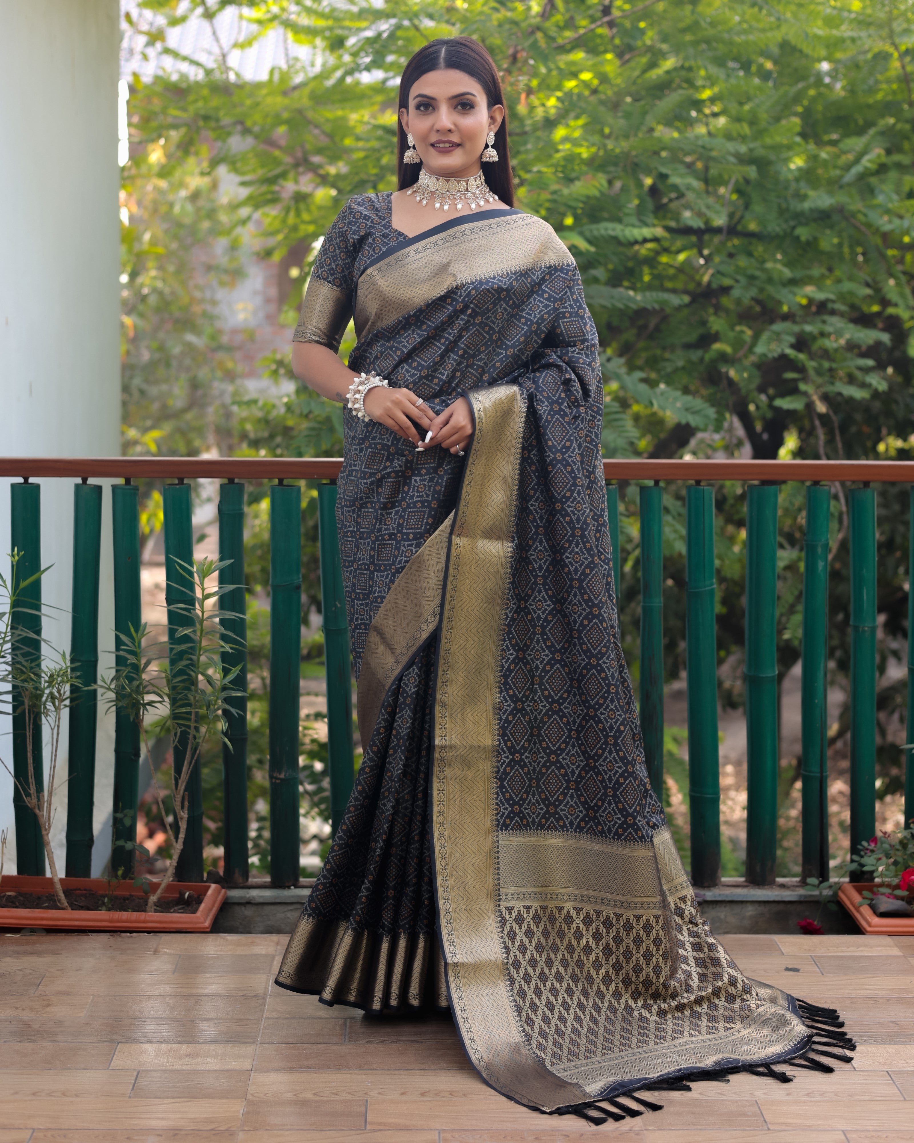 Multi Color Bandhej Patola Silk Saree Kanchi Borders And Contrast Zari Weaving Borders VSaree For Woman