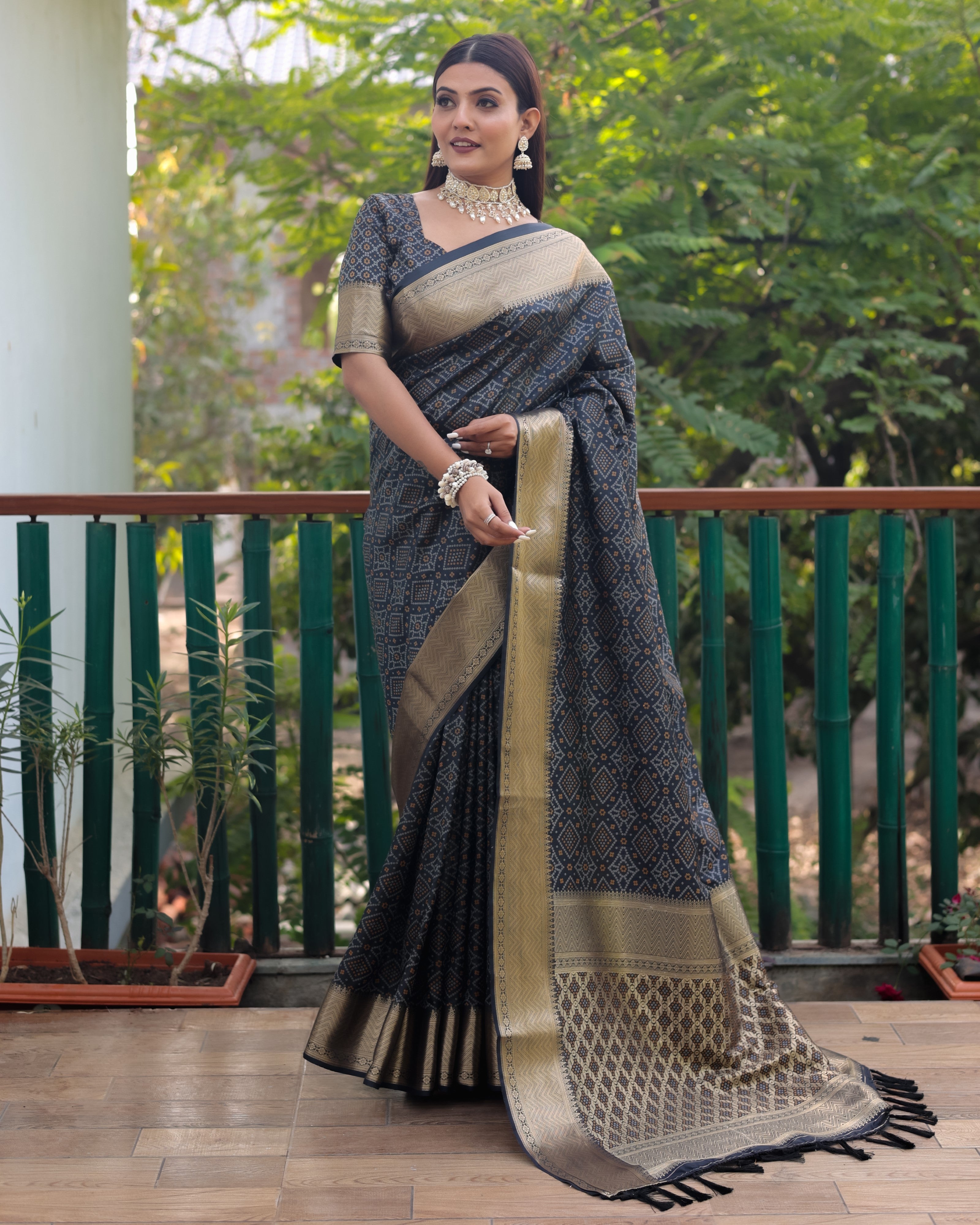 Multi Color Bandhej Patola Silk Saree Kanchi Borders And Contrast Zari Weaving Borders VSaree For Woman