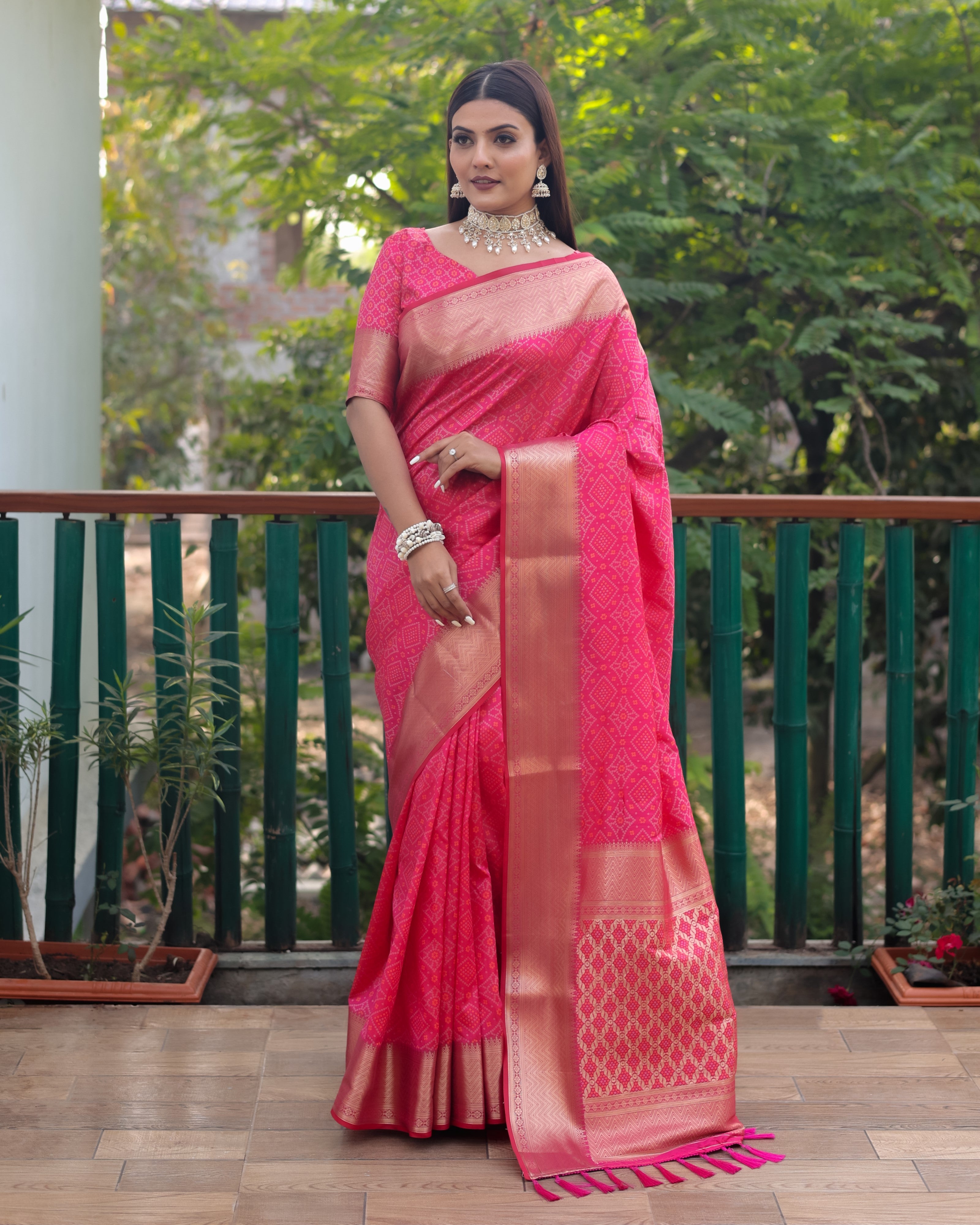 Multi Color Bandhej Patola Silk Saree Kanchi Borders And Contrast Zari Weaving Borders VSaree For Woman