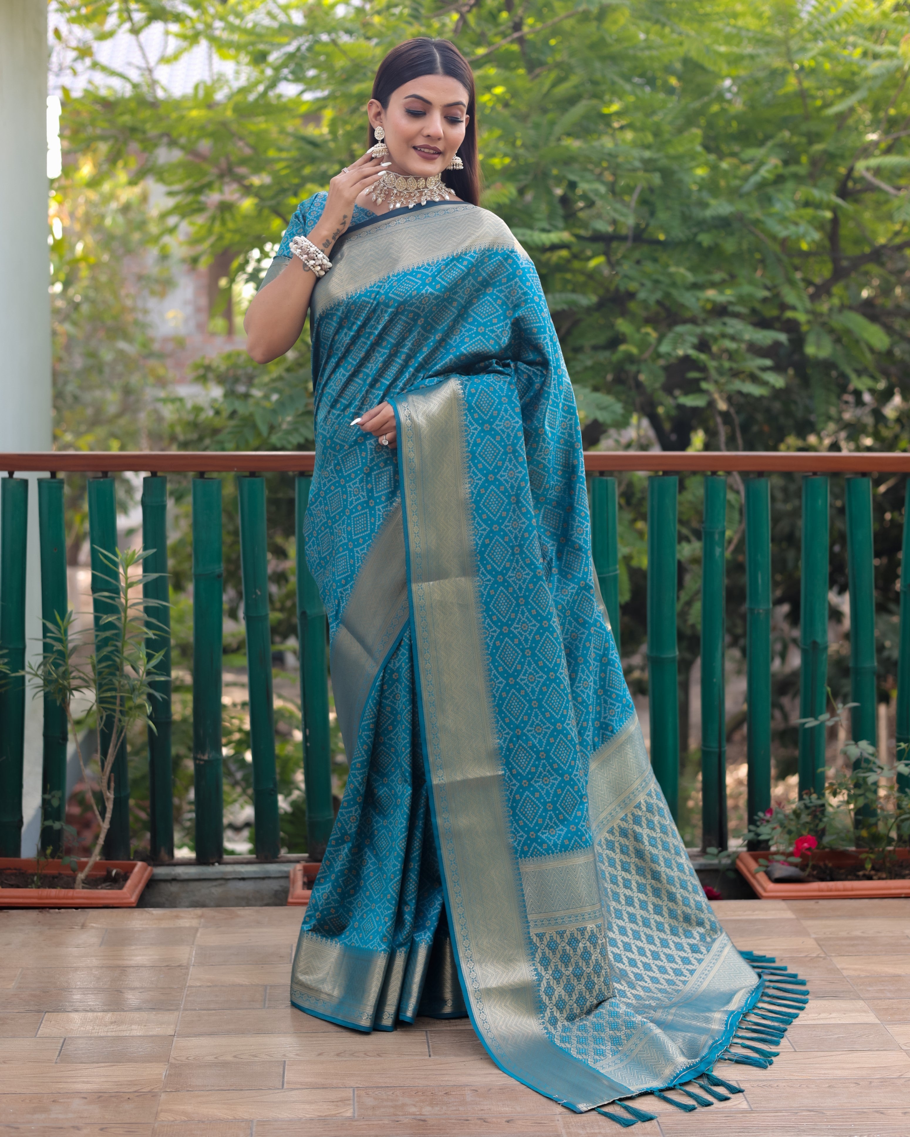 Multi Color Bandhej Patola Silk Saree Kanchi Borders And Contrast Zari Weaving Borders VSaree For Woman