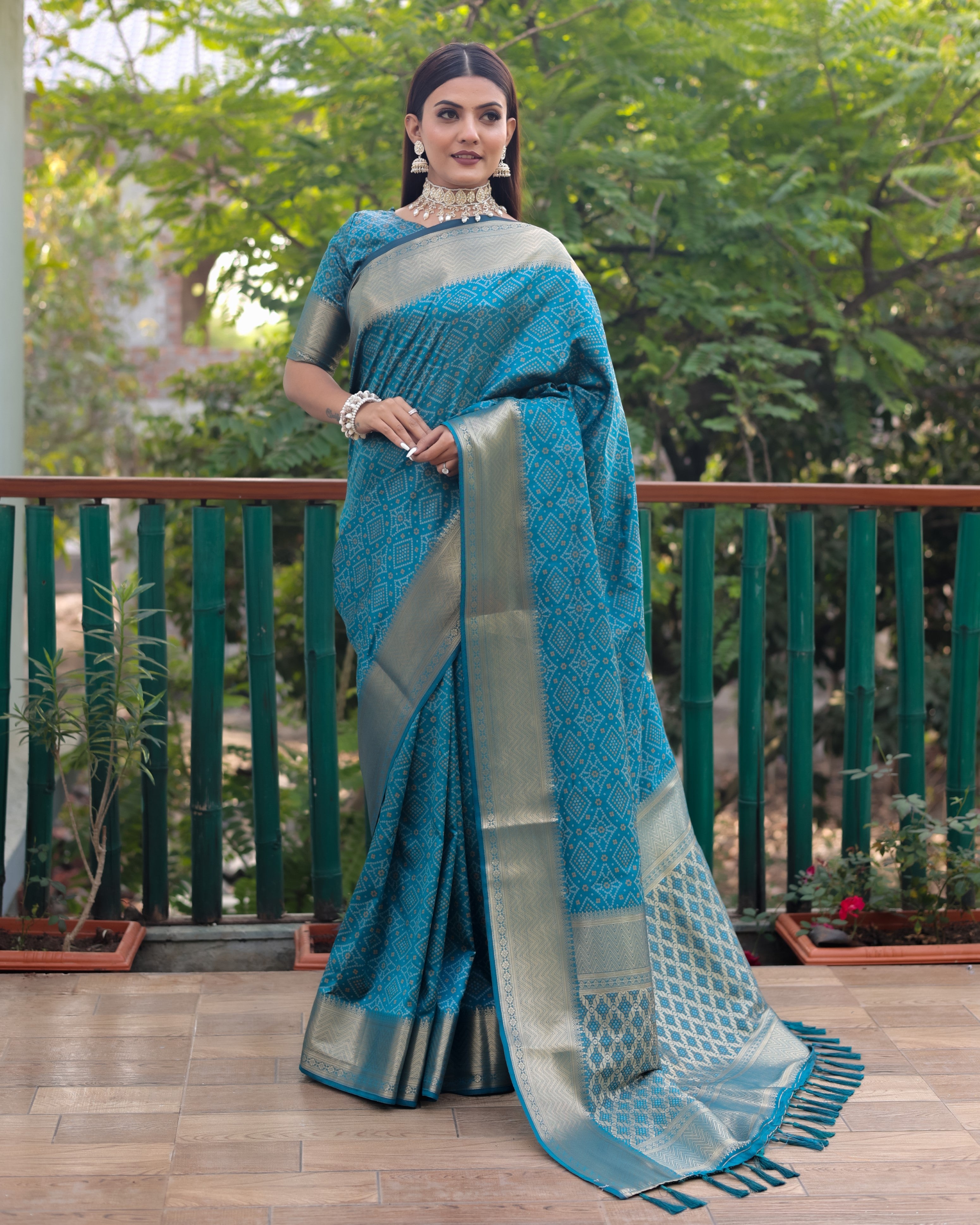 Multi Color Bandhej Patola Silk Saree Kanchi Borders And Contrast Zari Weaving Borders VSaree For Woman