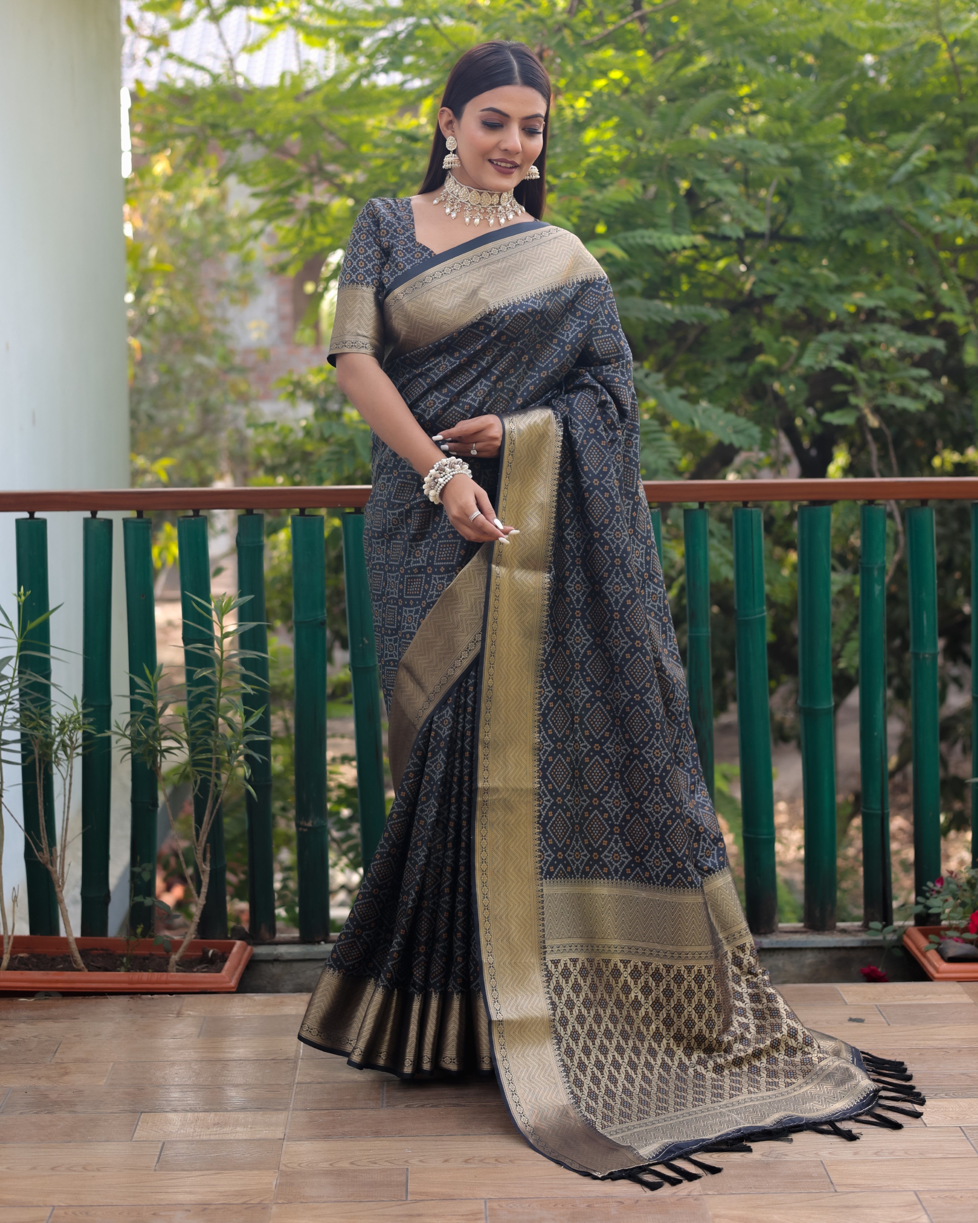 Multi Color Bandhej Patola Silk Saree Kanchi Borders And Contrast Zari Weaving Borders VSaree For Woman