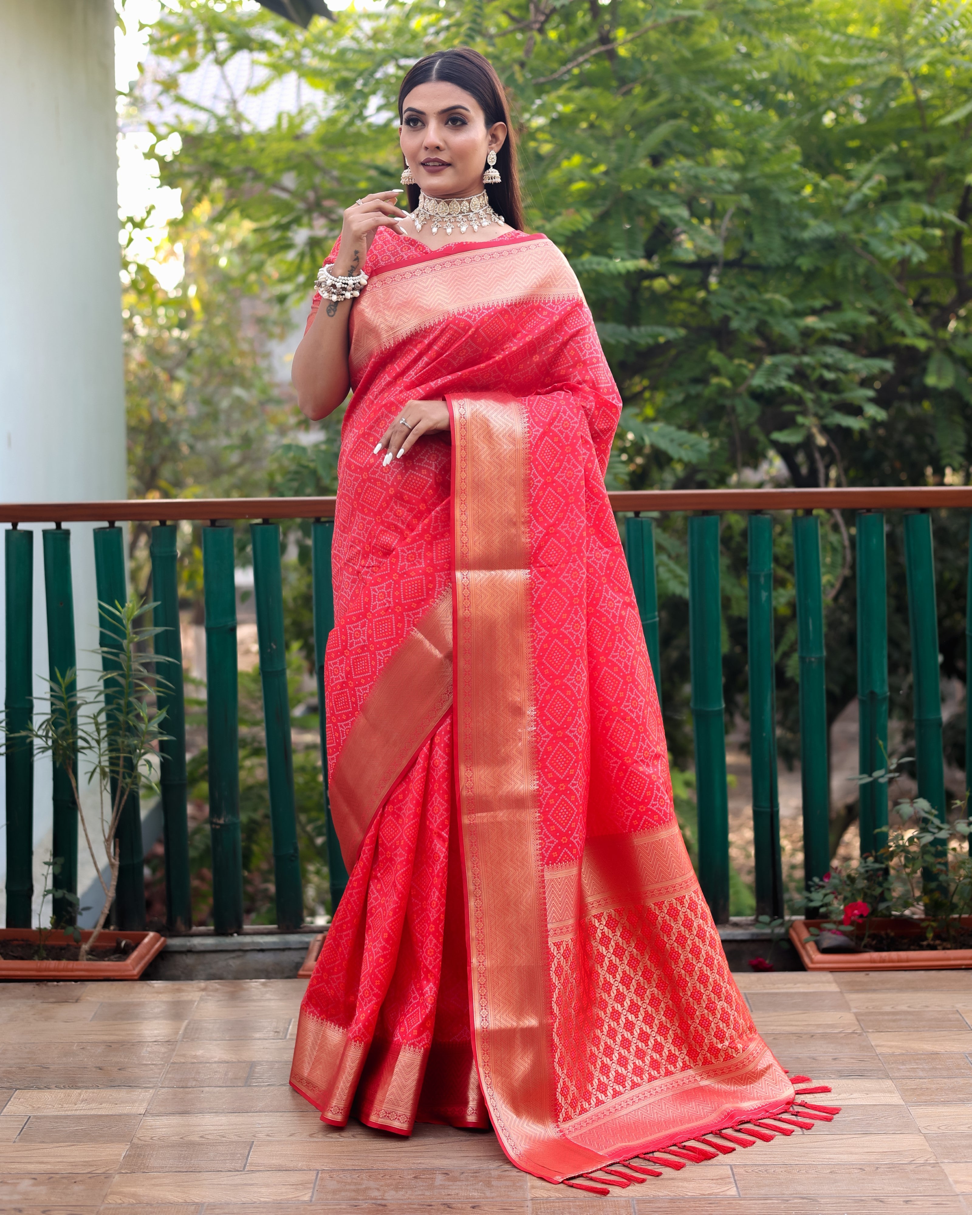 Multi Color Bandhej Patola Silk Saree Kanchi Borders And Contrast Zari Weaving Borders VSaree For Woman