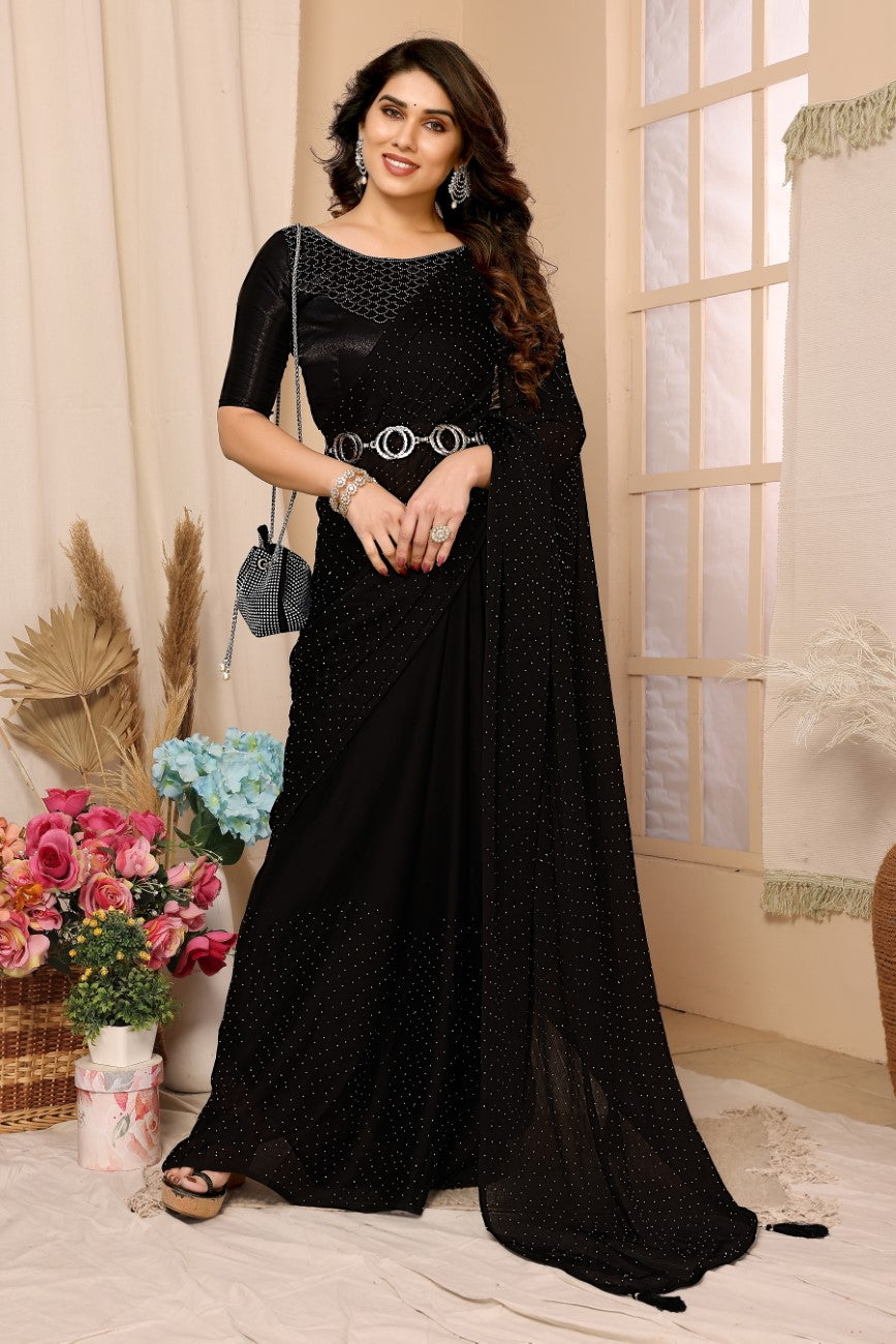 Vsaree Black Satin Chiffon Stone Work Saree With Stone Work Satin Chiffon Blouse For Women