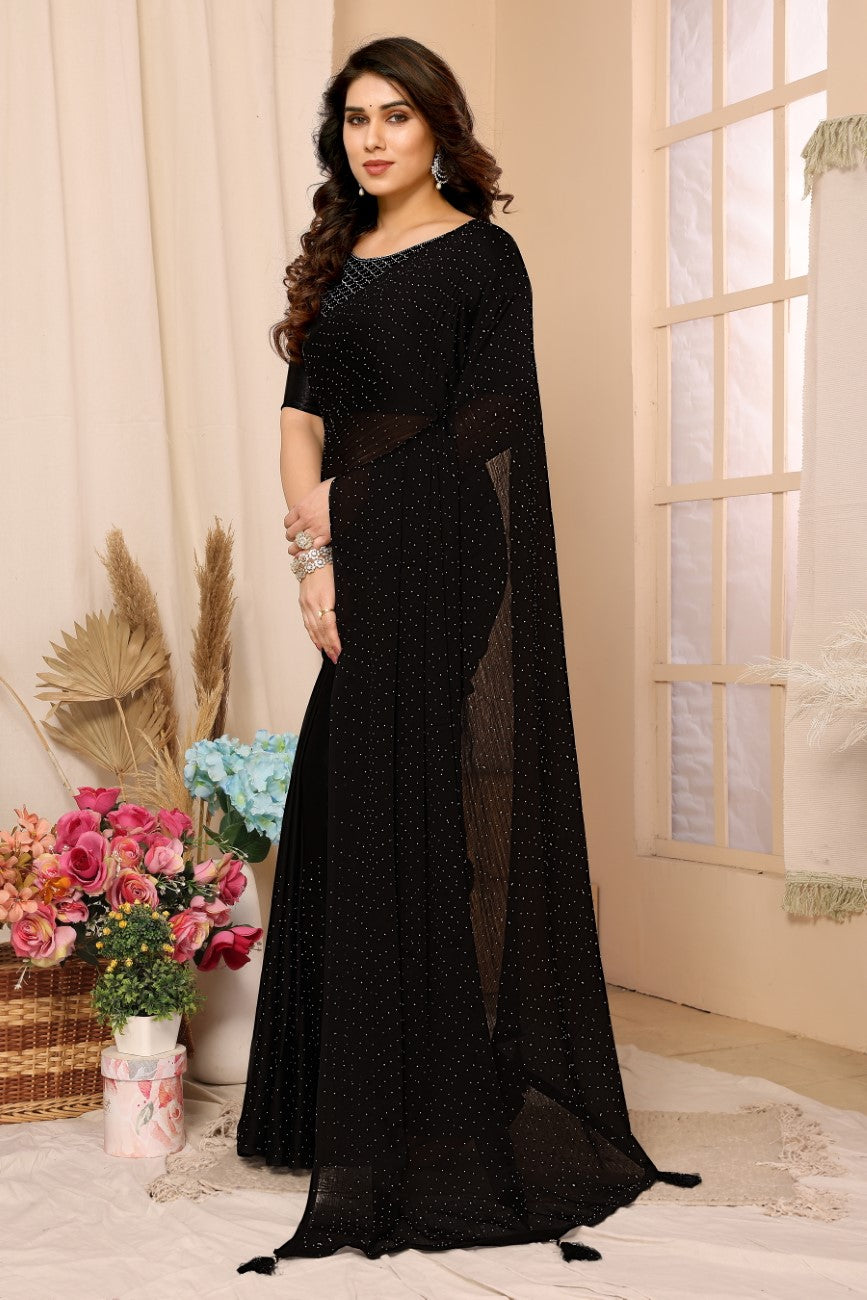 Vsaree Black Satin Chiffon Stone Work Saree With Stone Work Satin Chiffon Blouse For Women