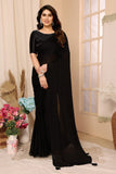 Vsaree Black Satin Chiffon Stone Work Saree With Stone Work Satin Chiffon Blouse For Women