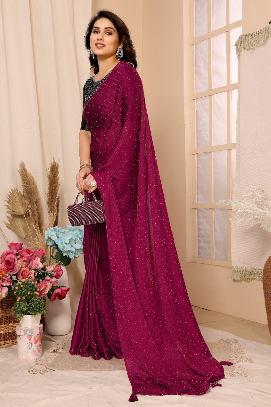 Vsaree Pink Satin Chiffon Stone Work Saree With Stone Work Satin Chiffon Blouse For Women