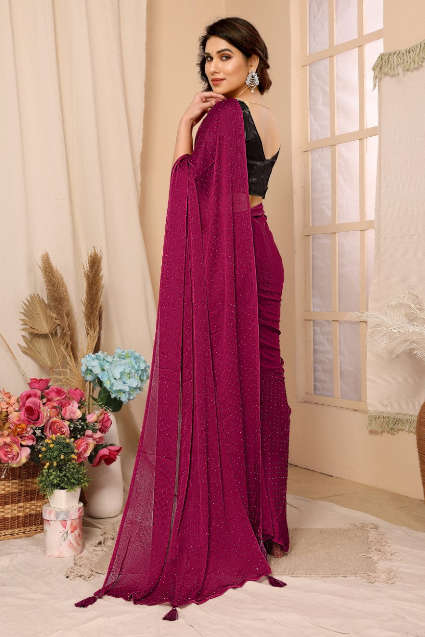 Vsaree Pink Satin Chiffon Stone Work Saree With Stone Work Satin Chiffon Blouse For Women