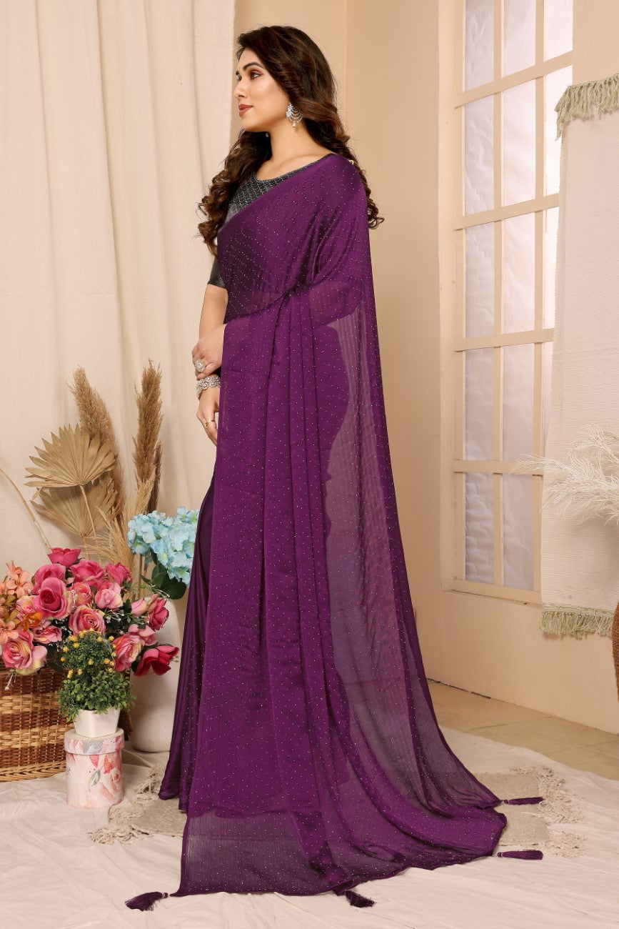 Vsaree Purple Satin Chiffon Stone Work Saree With Stone Work Satin Chiffon Blouse For Women