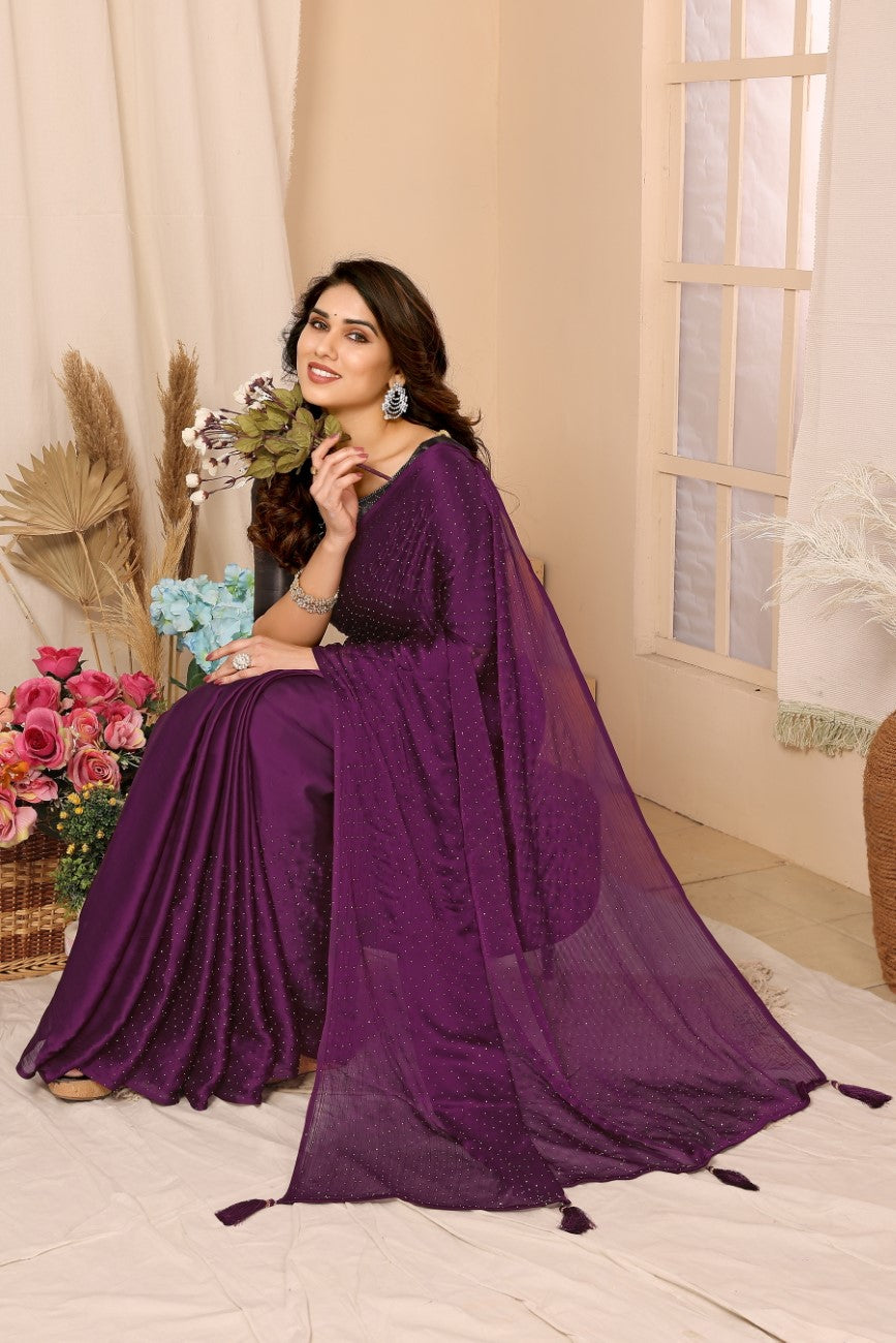 Vsaree Purple Satin Chiffon Stone Work Saree With Stone Work Satin Chiffon Blouse For Women