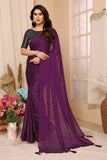 Vsaree Purple Satin Chiffon Stone Work Saree With Stone Work Satin Chiffon Blouse For Women