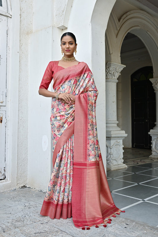 Vsaree Peach Tussar Silk Designer Saree With zari woven Bomkai Temple Border and contrast zari pallu And Blouse