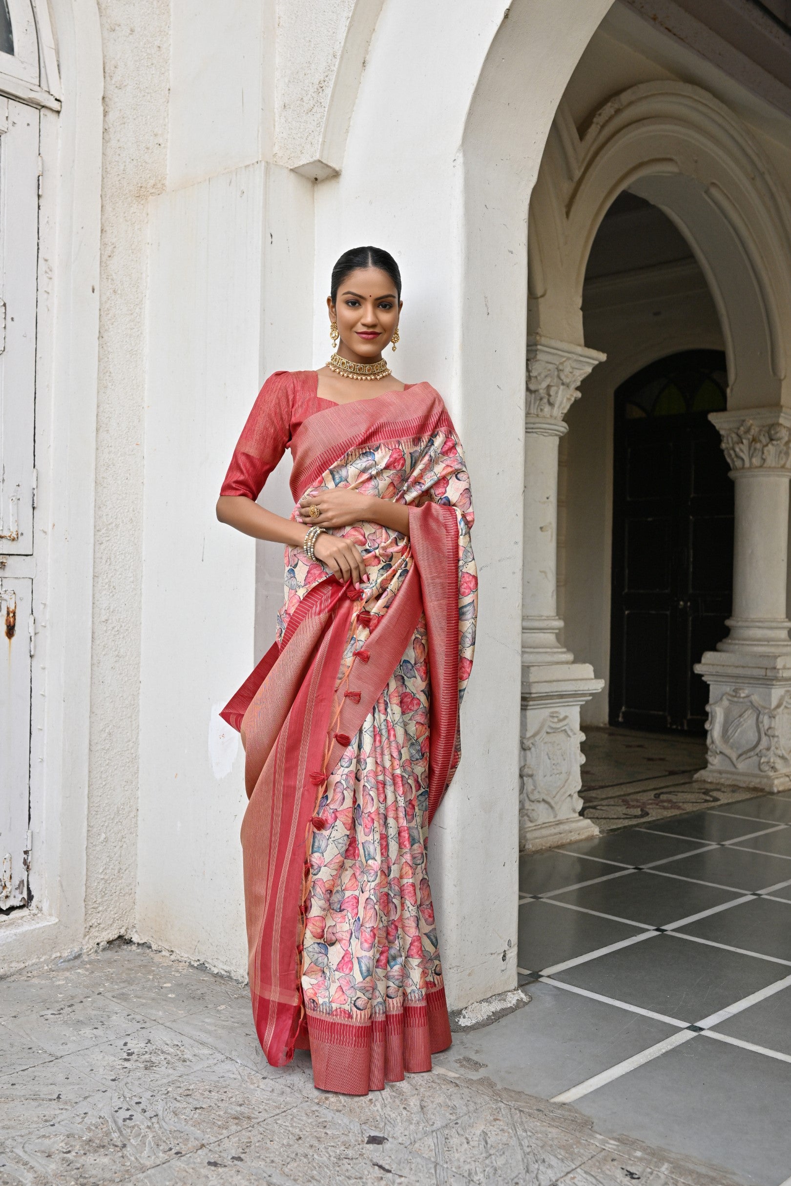 Vsaree Peach Tussar Silk Designer Saree With zari woven Bomkai Temple Border and contrast zari pallu And Blouse