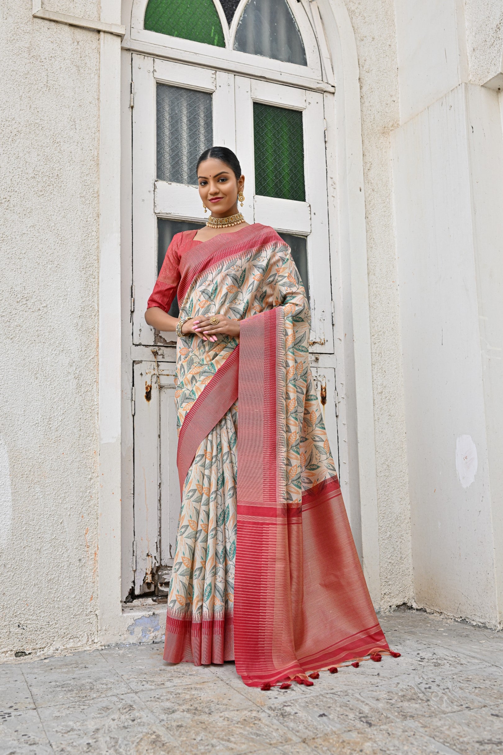 Vsaree Pista Tussar Silk Designer Saree With zari woven Bomkai Temple Border and contrast zari pallu And Blouse