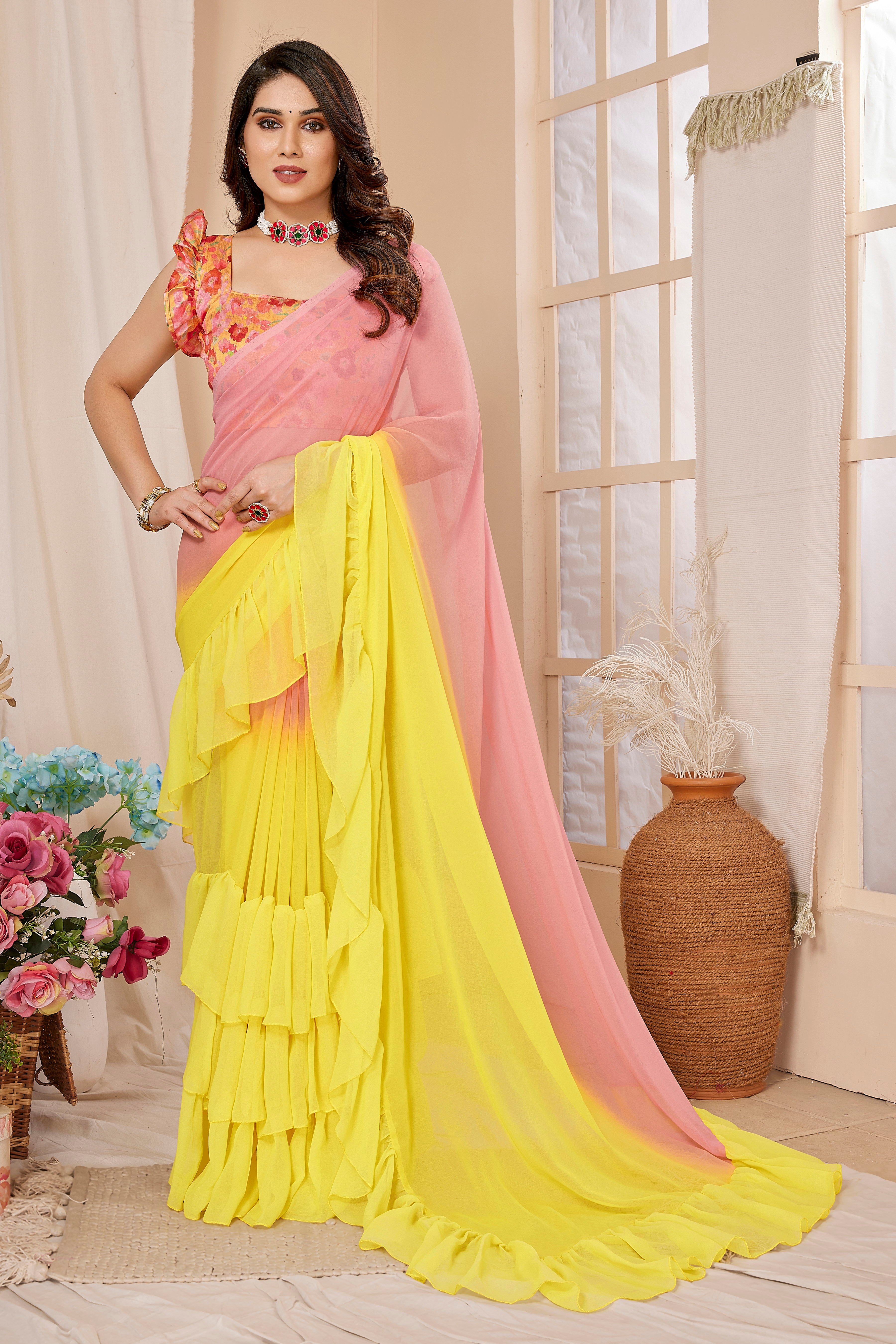 Vsaree Pink Ruffal Georgette Fancy Saree And Ruffal Border With Heavy Rich Pallu With Blouse