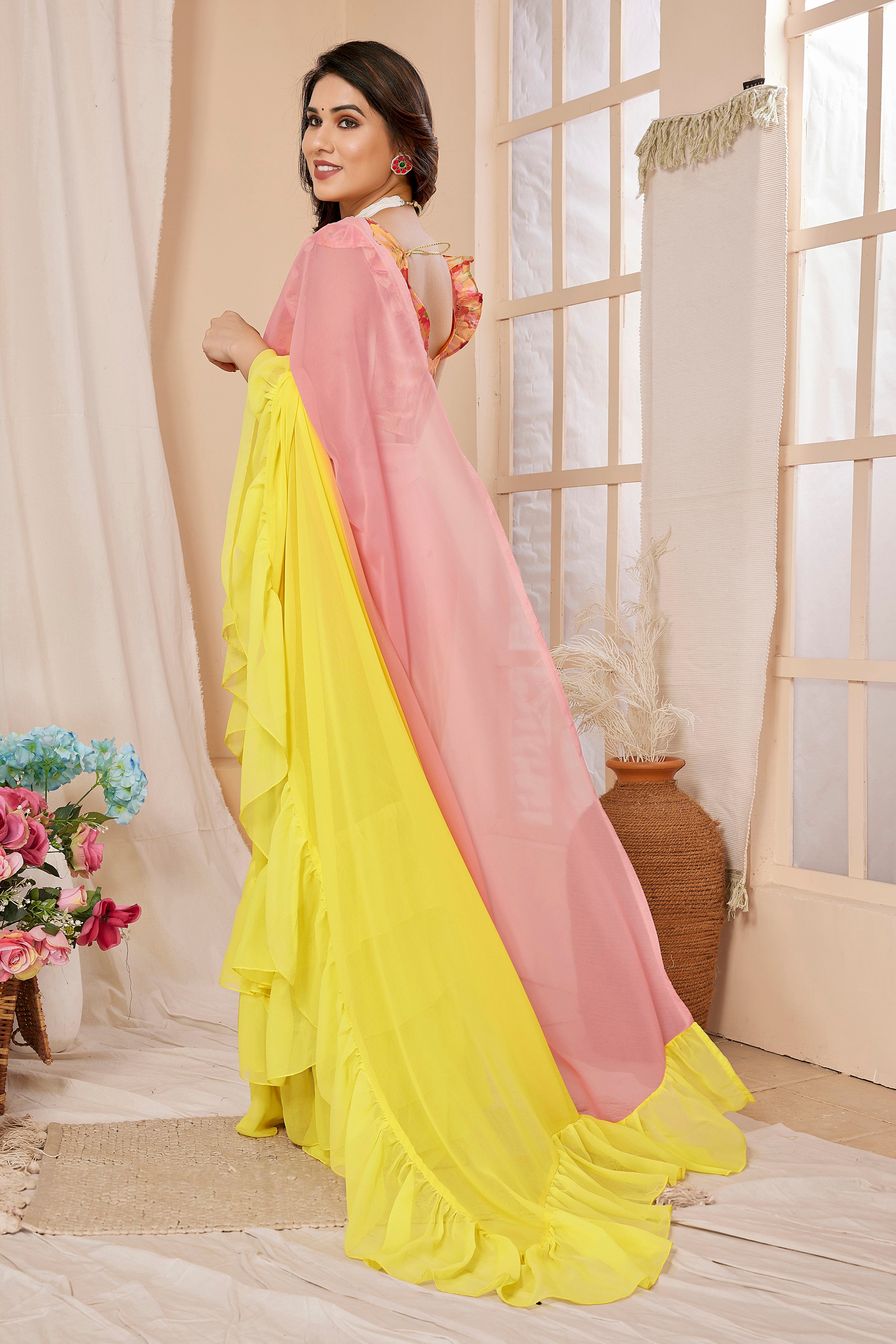 Vsaree Pink Ruffal Georgette Fancy Saree And Ruffal Border With Heavy Rich Pallu With Blouse