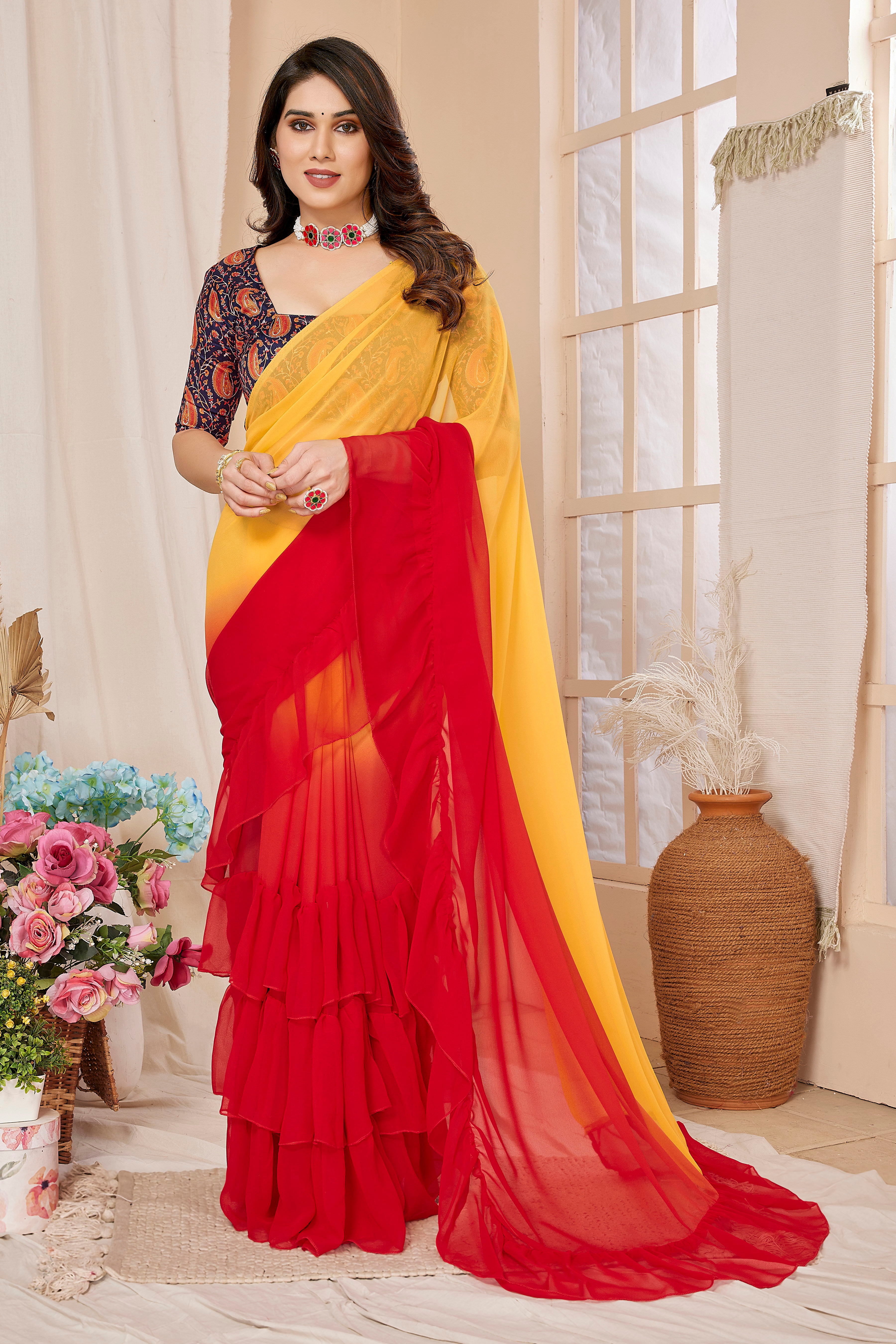 Vsaree Orange Ruffal Georgette Fancy Saree And Ruffal Border With Heavy Rich Pallu With Blouse