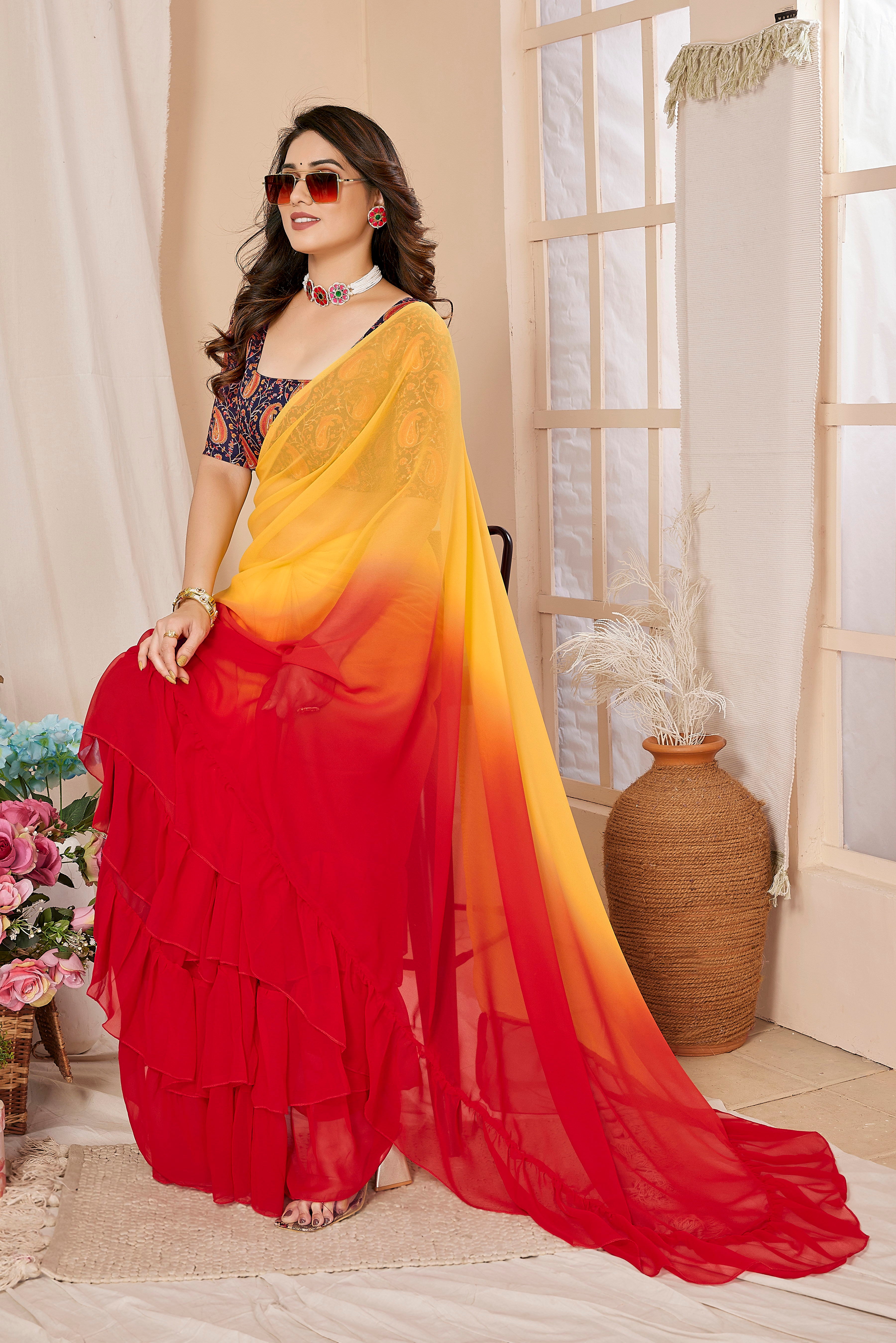 Vsaree Orange Ruffal Georgette Fancy Saree And Ruffal Border With Heavy Rich Pallu With Blouse