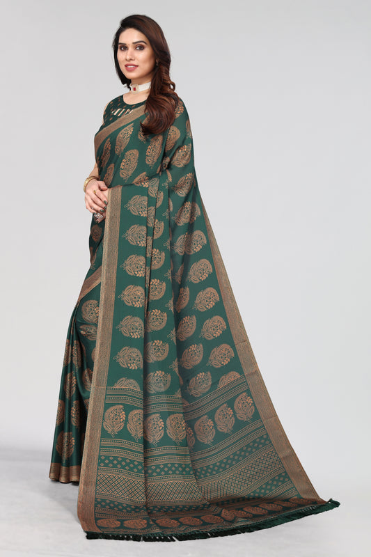 Vsaree Green Moss Chiffon Silk Print With Designer Border & Pallu Saree With Blouse For Women