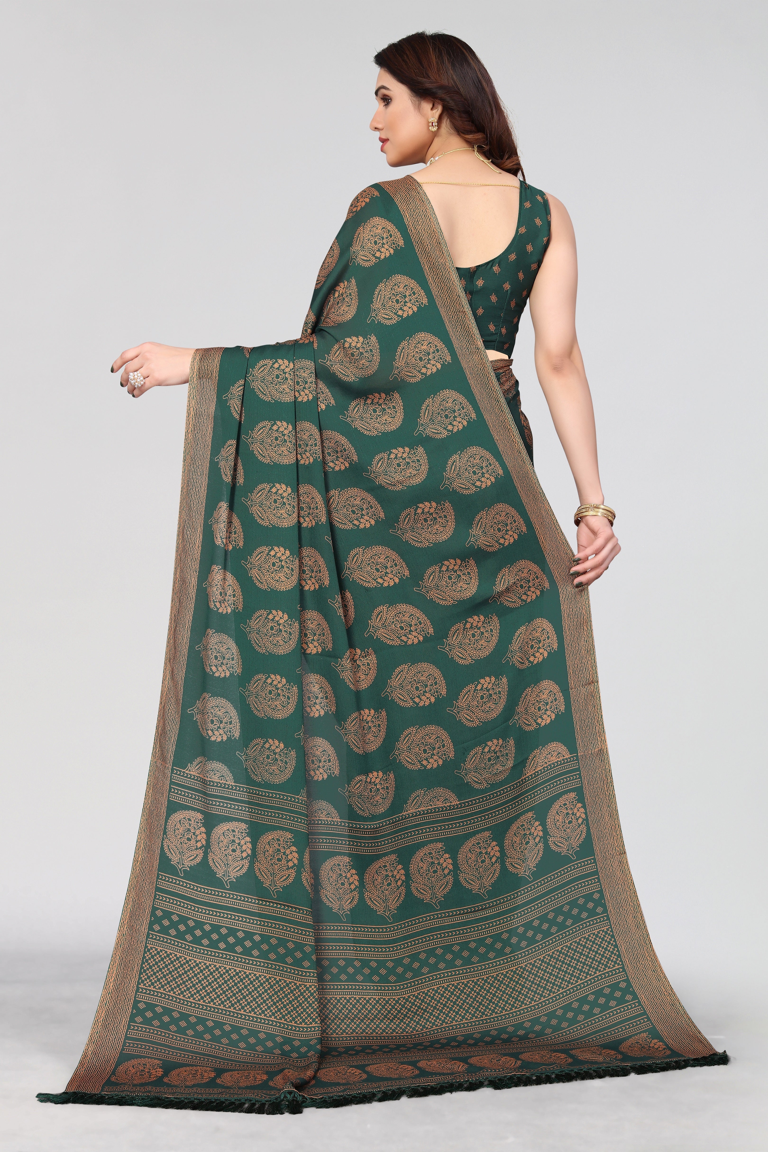 Vsaree Green Moss Chiffon Silk Print With Designer Border & Pallu Saree With Blouse For Women