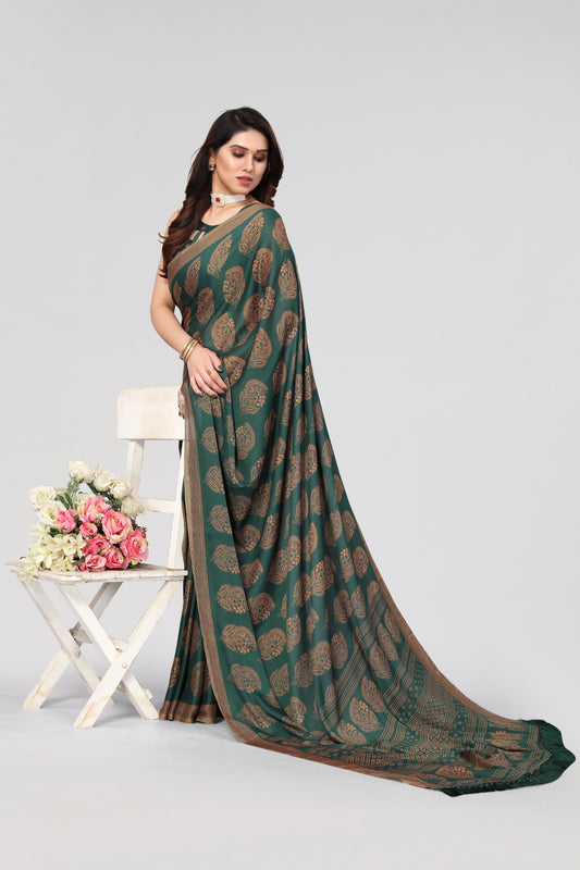 Vsaree Green Moss Chiffon Silk Print With Designer Border & Pallu Saree With Blouse For Women