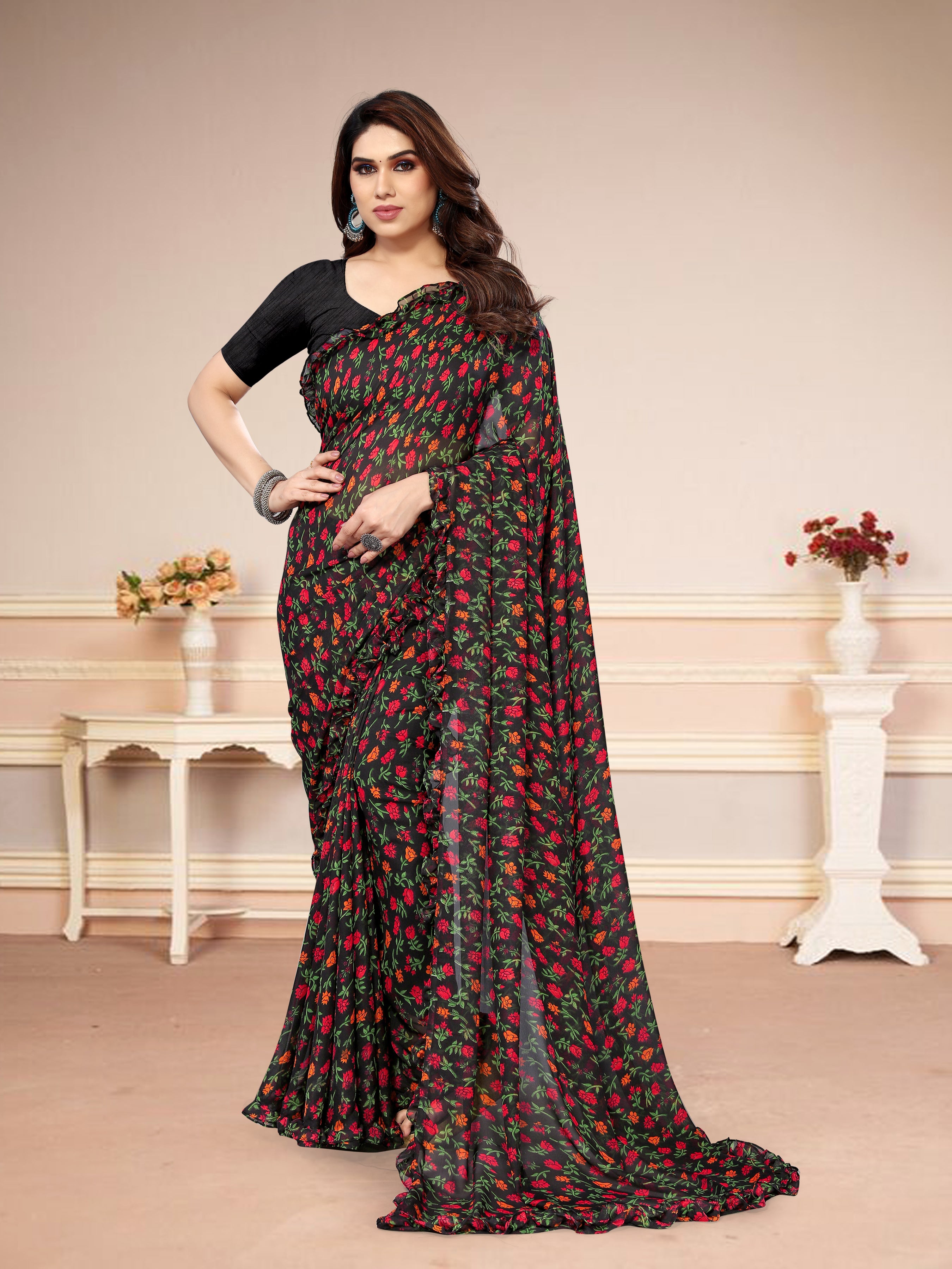 Vsaree Black Banglori  Flower Printed Pallu & Border Saree With Banglori Blouse For Women