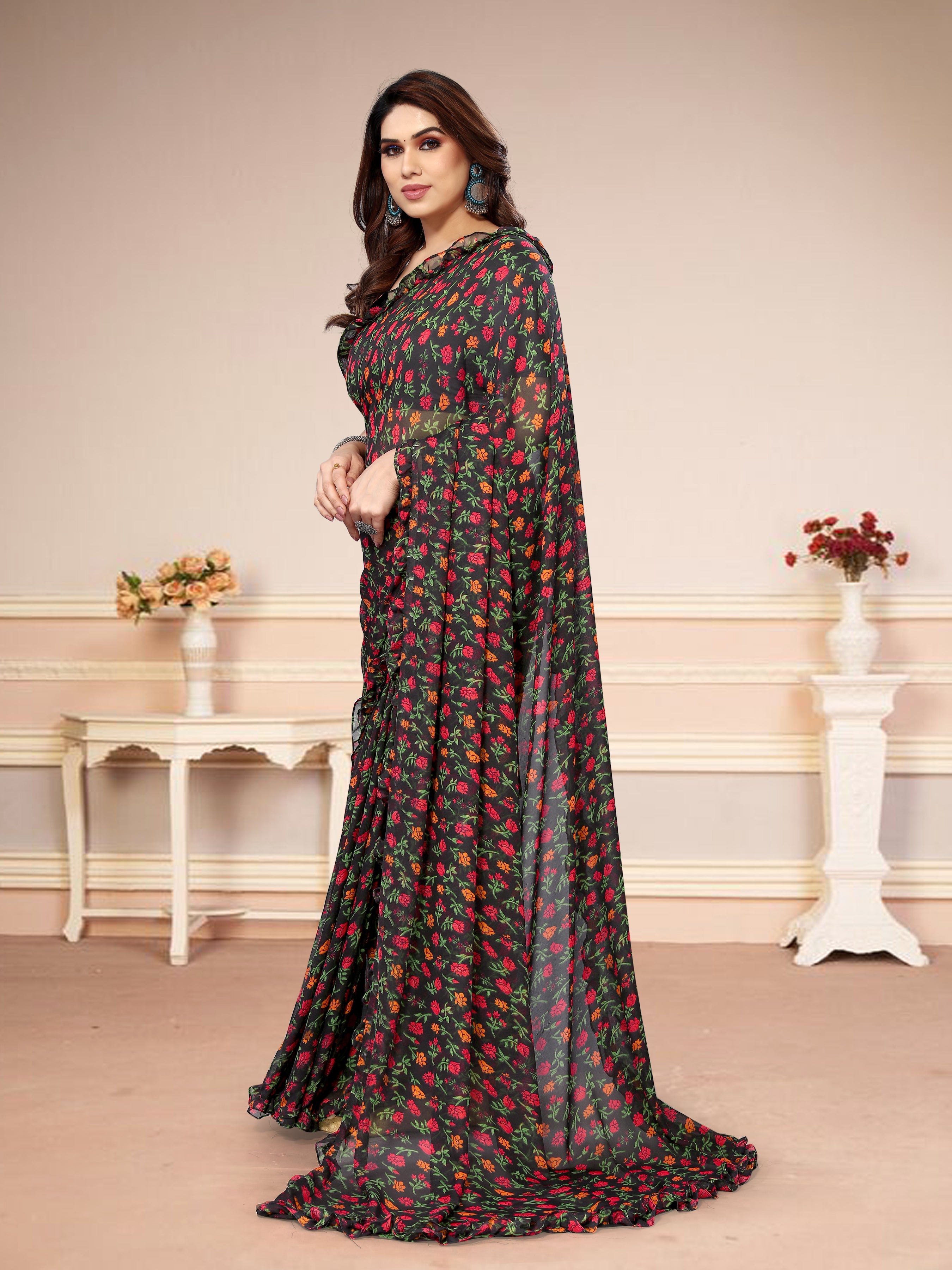 Vsaree Black Banglori  Flower Printed Pallu & Border Saree With Banglori Blouse For Women