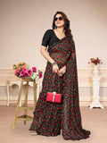 Vsaree Black Banglori  Flower Printed Pallu & Border Saree With Banglori Blouse For Women