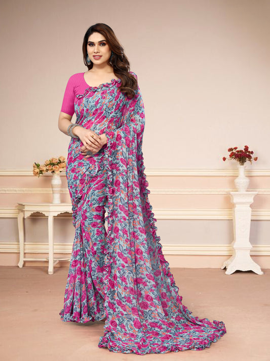 Vsaree Grey Banglori  Flower Printed Pallu & Border Saree With Banglori Blouse For Women