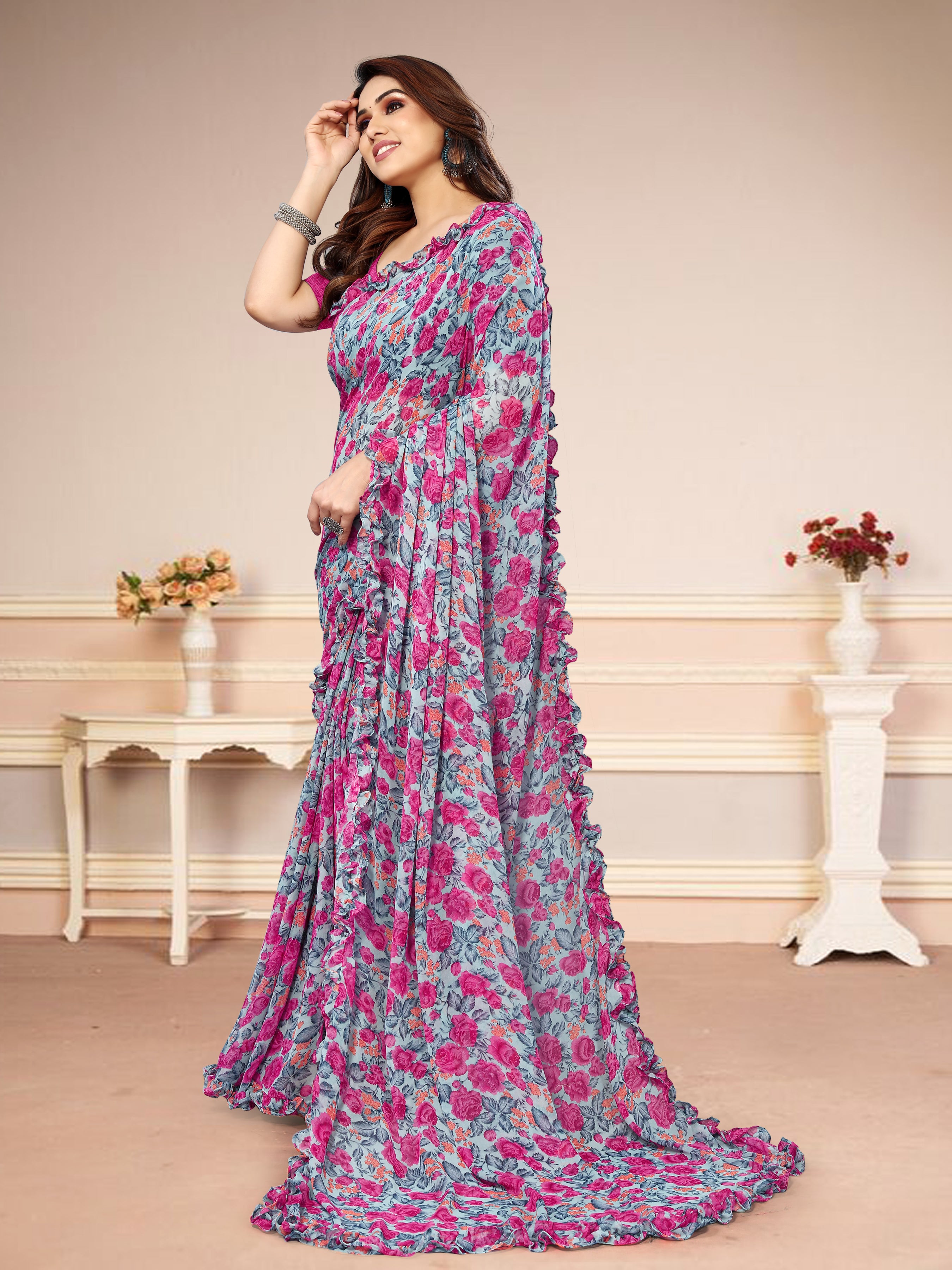 Vsaree Grey Banglori  Flower Printed Pallu & Border Saree With Banglori Blouse For Women