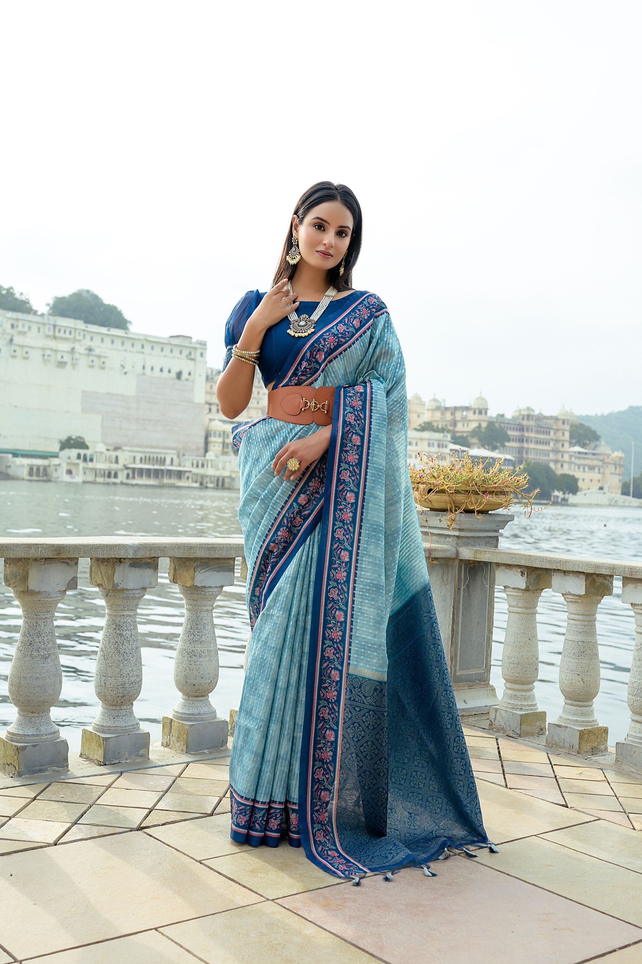 Vsaree Firozi Cotton Silk Designer Saree With zari woven Bomkai Temple Border and contrast zari pallu And Blouse