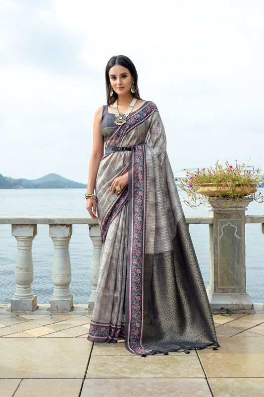 Vsaree Grey Cotton Silk Designer Saree With zari woven Bomkai Temple Border and contrast zari pallu And Blouse