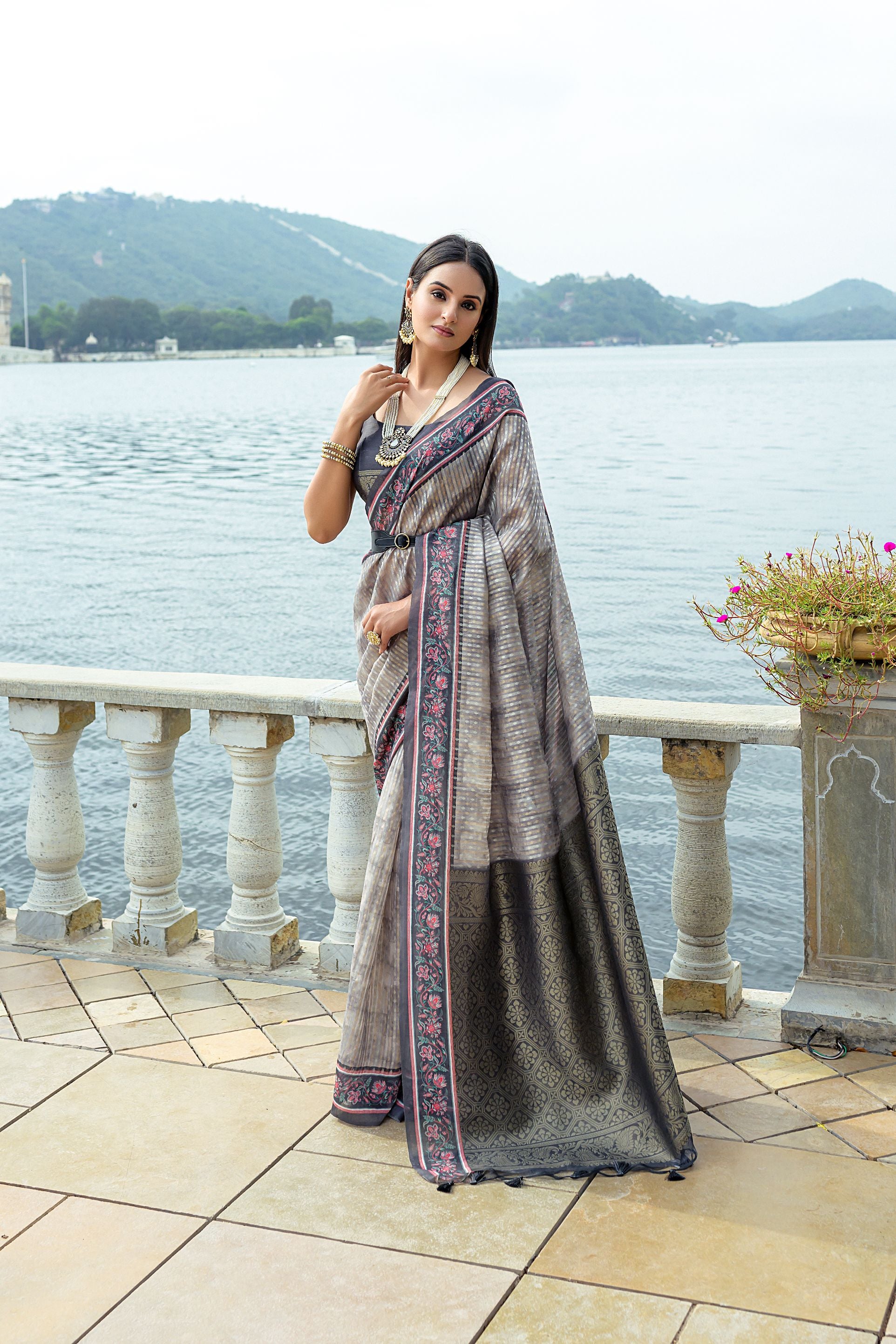 Vsaree Grey Cotton Silk Designer Saree With zari woven Bomkai Temple Border and contrast zari pallu And Blouse