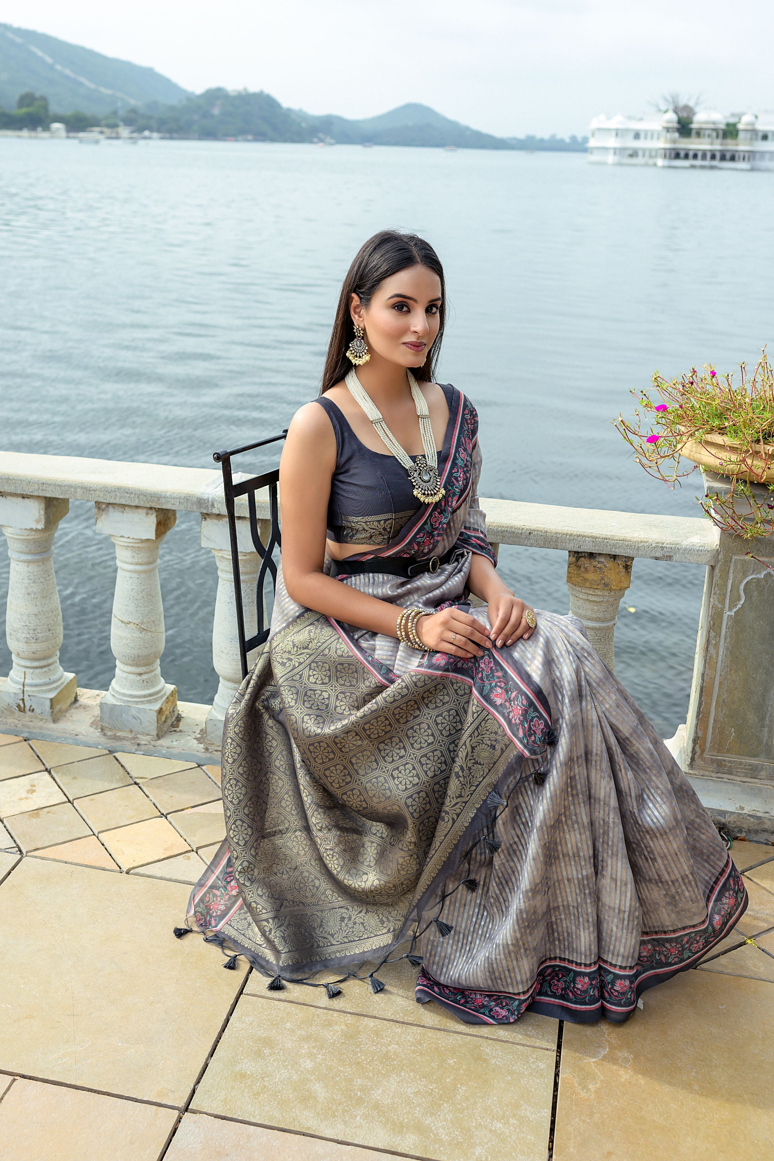 Vsaree Grey Cotton Silk Designer Saree With zari woven Bomkai Temple Border and contrast zari pallu And Blouse