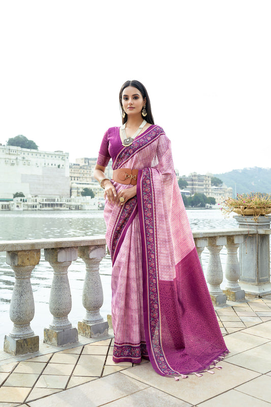 Vsaree Pink Cotton Silk Designer Saree With zari woven Bomkai Temple Border and contrast zari pallu And Blouse