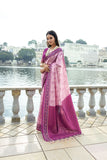 Vsaree Pink Cotton Silk Designer Saree With zari woven Bomkai Temple Border and contrast zari pallu And Blouse