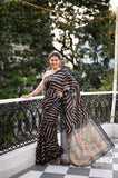 Vsaree Black Tussar Silk Saree With Leriya Print And Zari Border With Kalamkari Pallu With Blouse