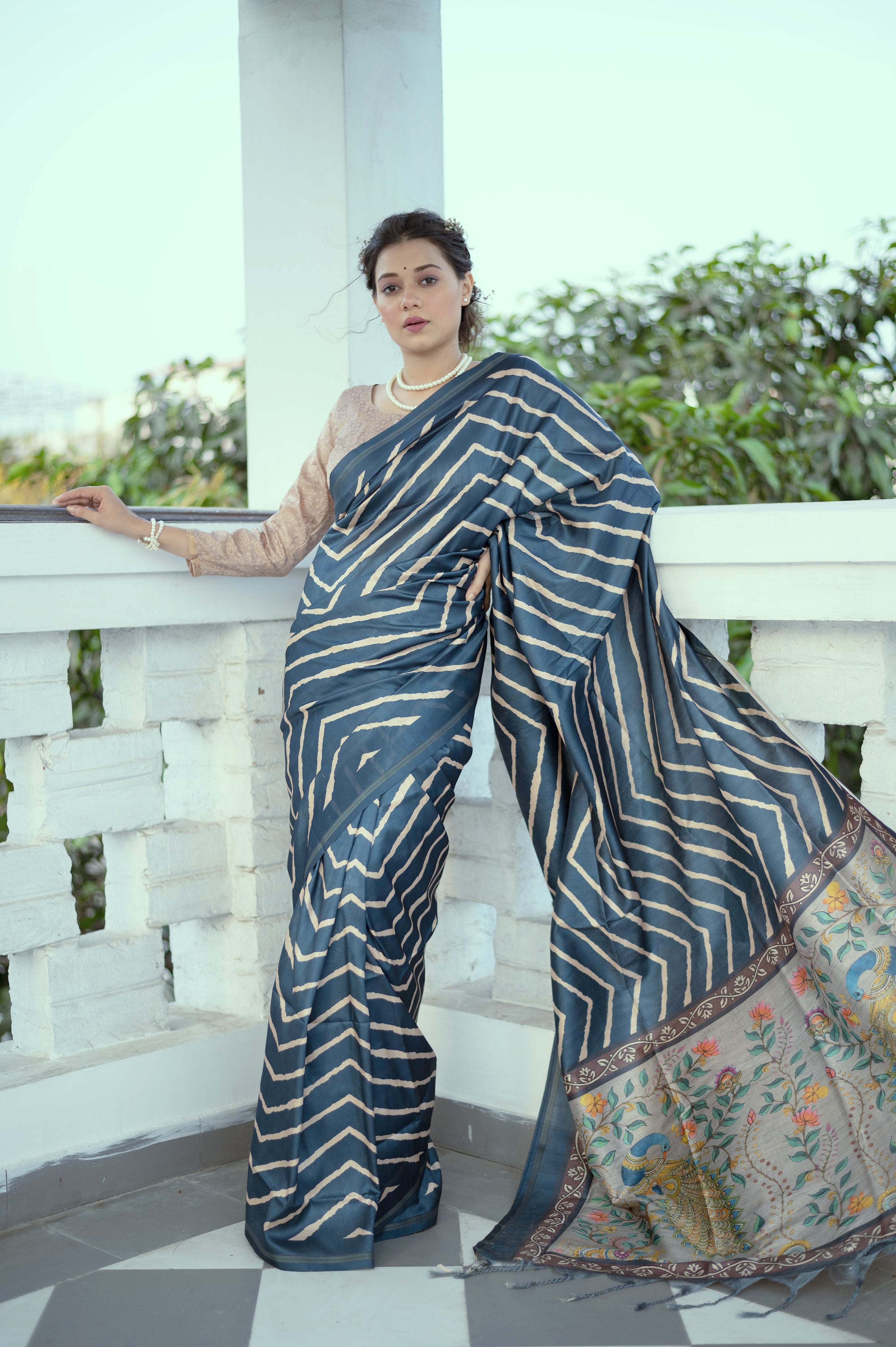 Vsaree Blue Tussar Silk Saree With Leriya Print And Zari Border With Kalamkari Pallu With Blouse