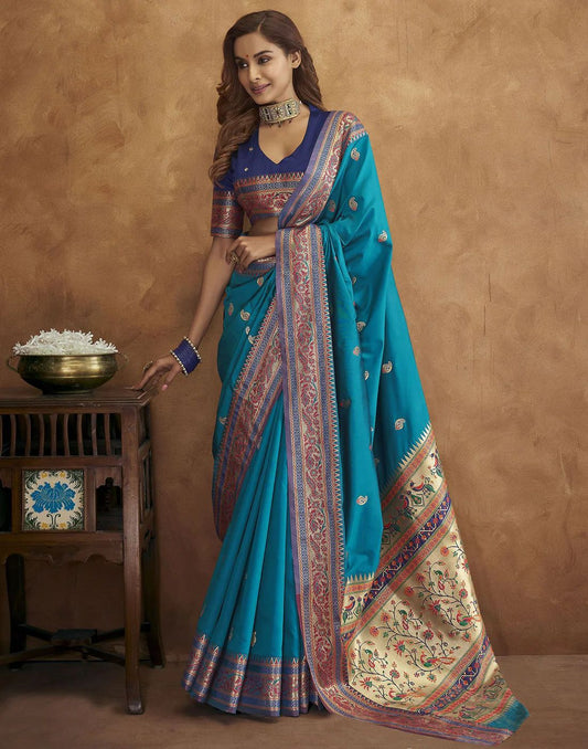 Vsaree Teal Soft Paithani Silk Saree with Heavy Rich Pallu And Blouse