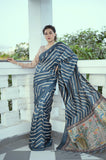 Vsaree Blue Tussar Silk Saree With Leriya Print And Zari Border With Kalamkari Pallu With Blouse