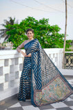 Vsaree Blue Tussar Silk Saree With Leriya Print And Zari Border With Kalamkari Pallu With Blouse