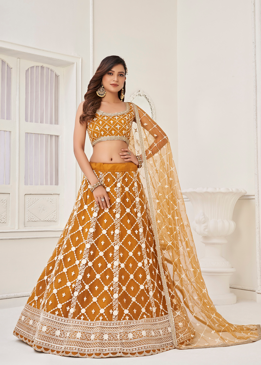 WOMEN'S BROWN BUTTERFLY NET WITH SEQUINS AND EMBROIDERY WORK LEHENGA CHOLI FOR PARTY WEAR