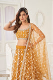 WOMEN'S BROWN BUTTERFLY NET WITH SEQUINS AND EMBROIDERY WORK LEHENGA CHOLI FOR PARTY WEAR