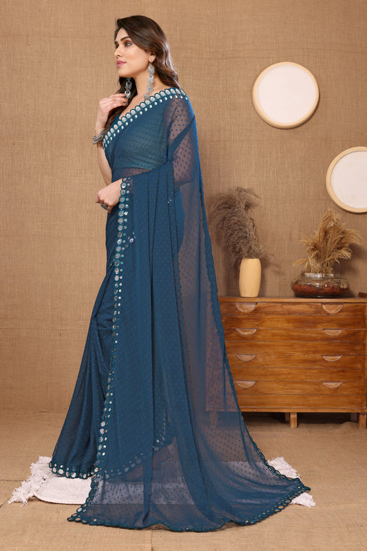 Vsaree Blue Banglori  Plain Saree And Mirror Less Border With Banglory Blouse