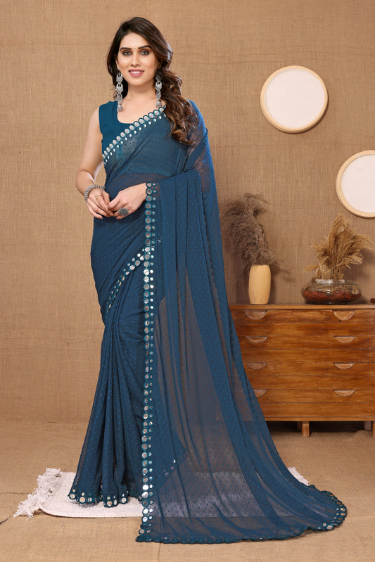 Vsaree Blue Banglori  Plain Saree And Mirror Less Border With Banglory Blouse