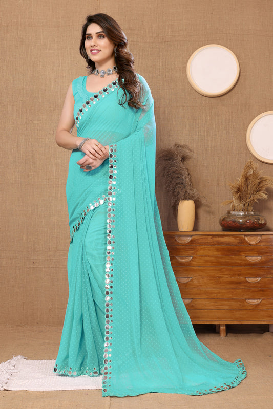 Vsaree Light Firozi Banglori  Plain Saree And Mirror Less Border With Banglory Blouse And Pallu