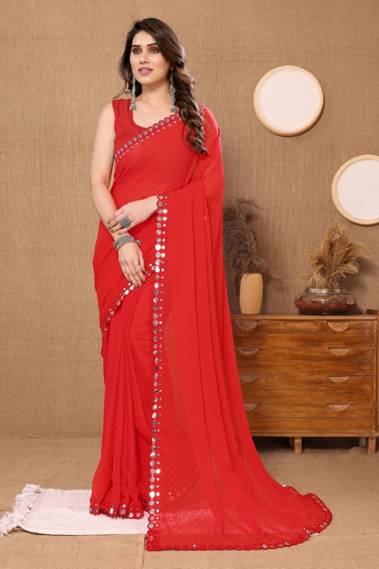 Vsaree Red Banglori  Plain Saree And Mirror Less Border With Banglory Blouse And Pallu