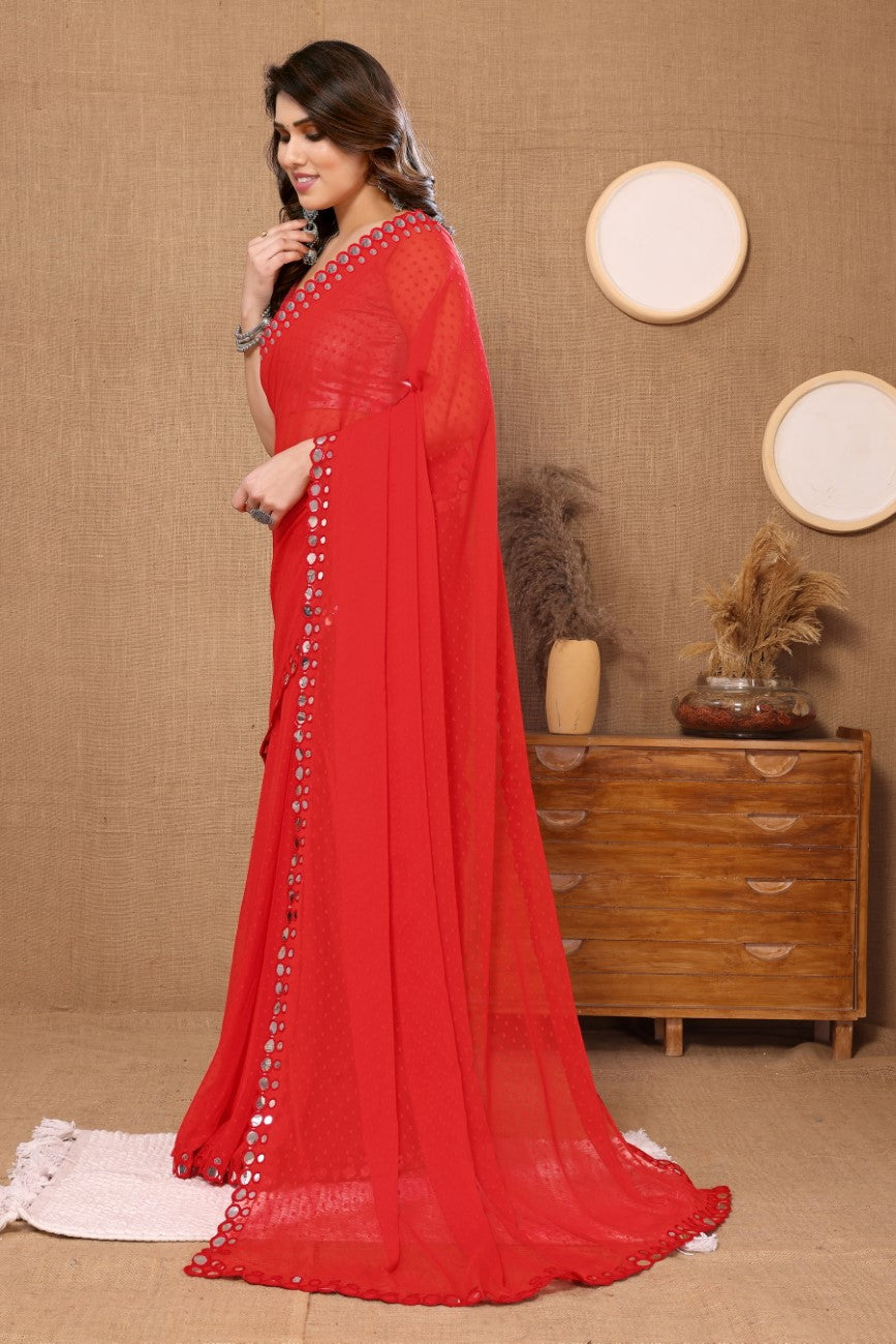 Vsaree Red Banglori  Plain Saree And Mirror Less Border With Banglory Blouse And Pallu