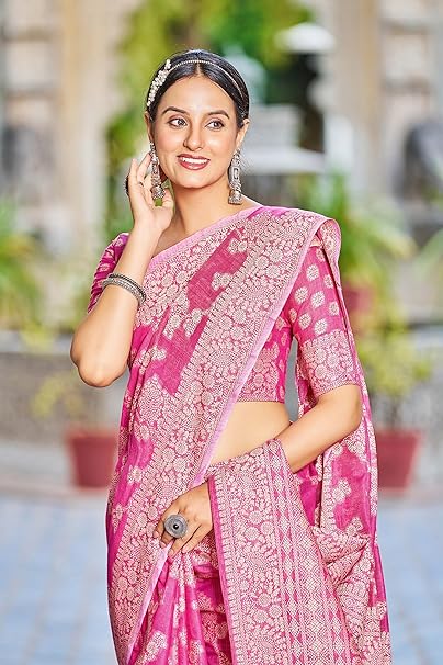 Vsaree Pink Linen Cotton Saree Zari Weaving Border And Fancy Pallu With Blouse