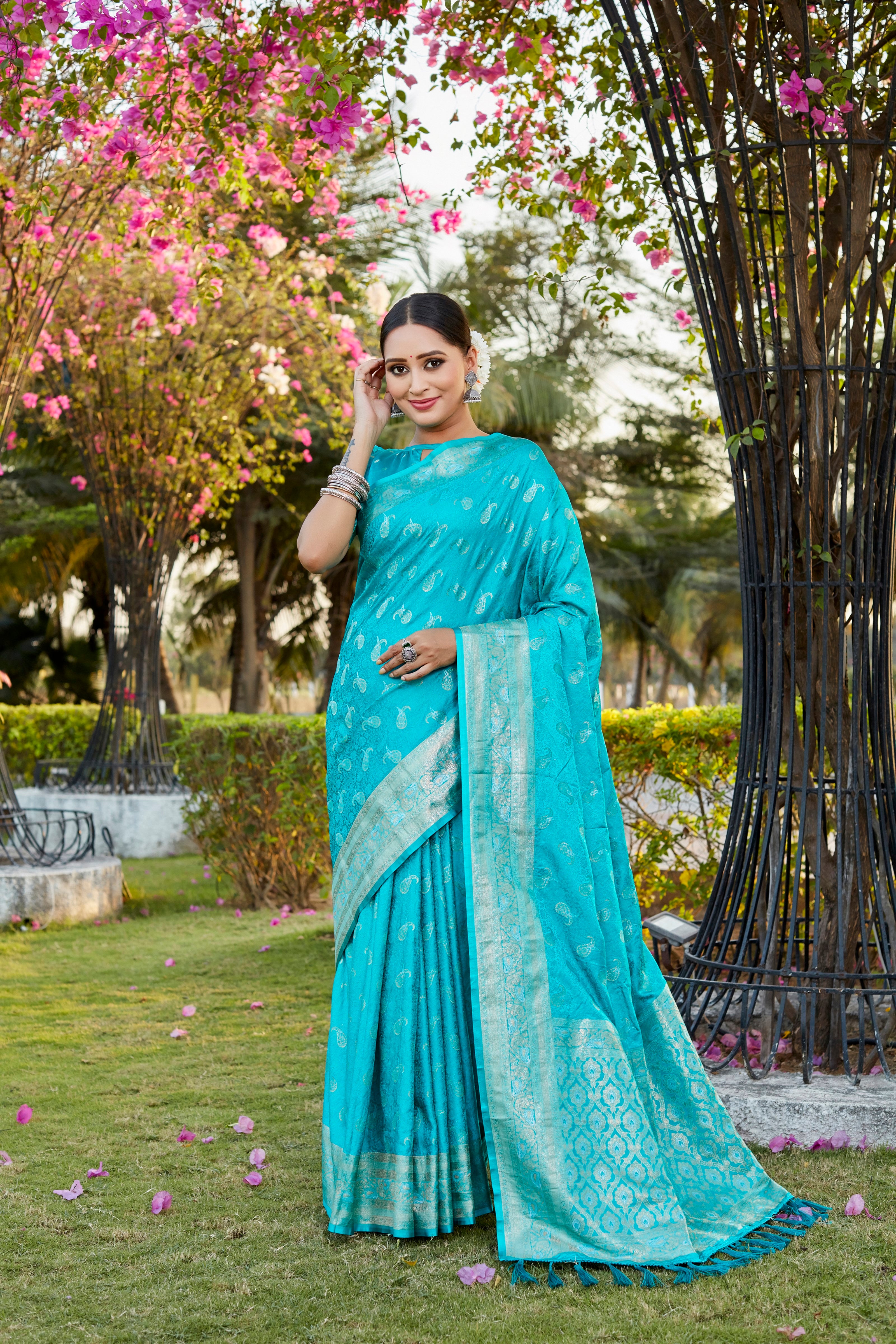 Designer Kanjivaram Soft Satin Silk Zari Weaving Border Saree With Woven Rich Pallu And Blouse